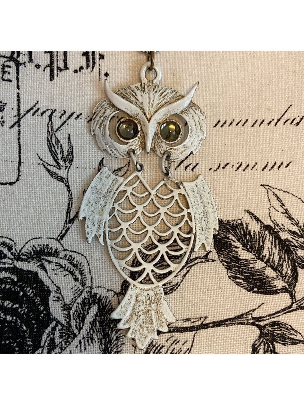 Distressed Owl Necklace Articulated Metal White & Brown